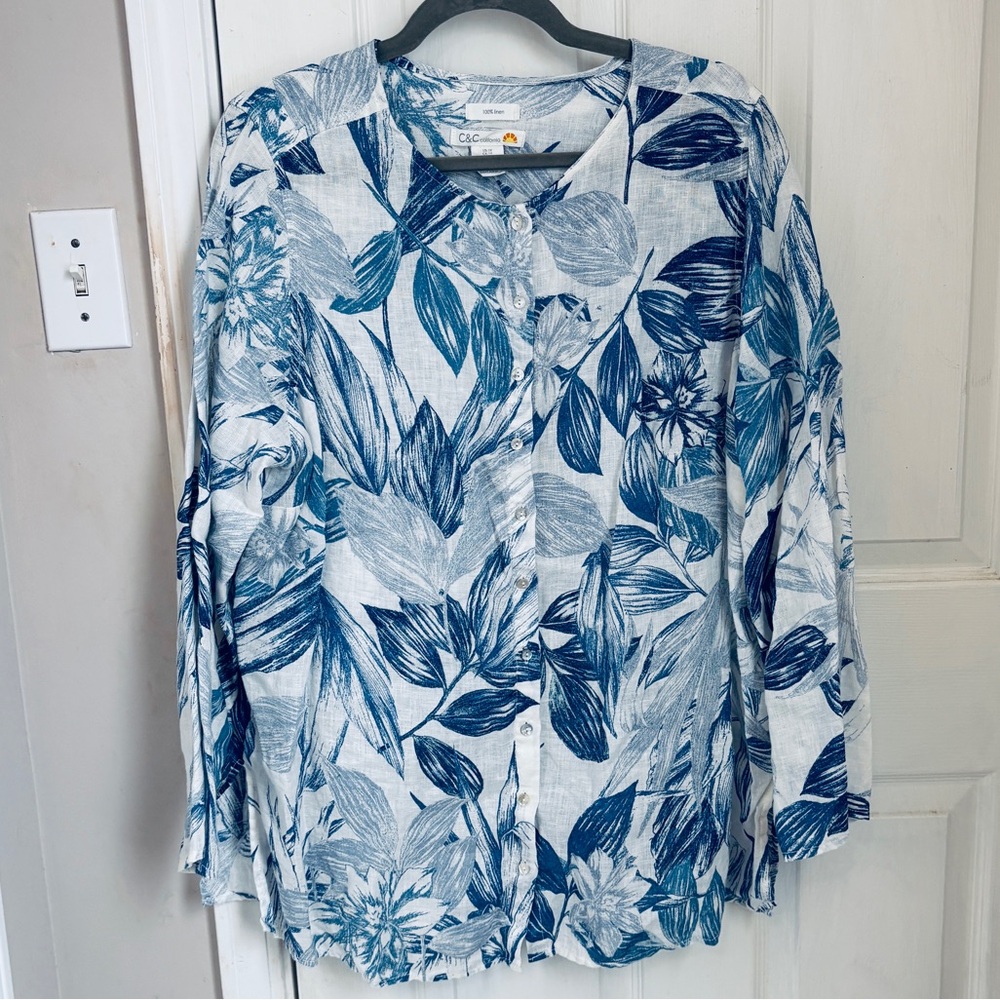 C&C California Tropical Floral Print Linen Button Down Top